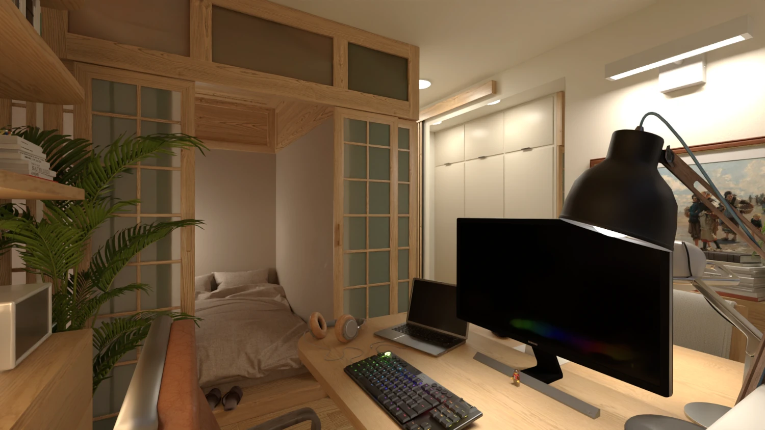 Double office in the bedroom render 5