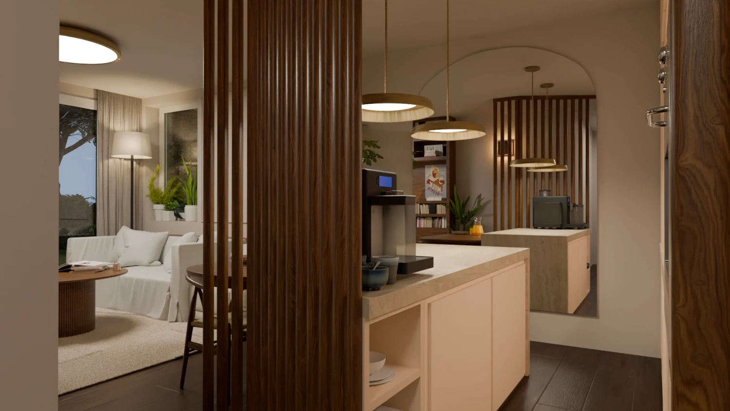 Elongated Living Room with Kitchen render 6